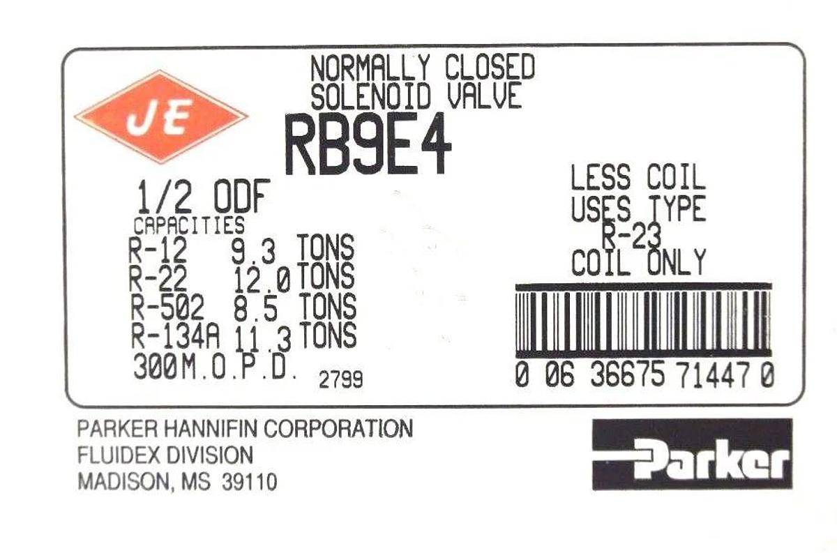 NIB PARKER JACKES-EVANS RB9E4 NORMALLY CLOSED SOLENOID VALVE 1/2" ODF, 300 MOPD