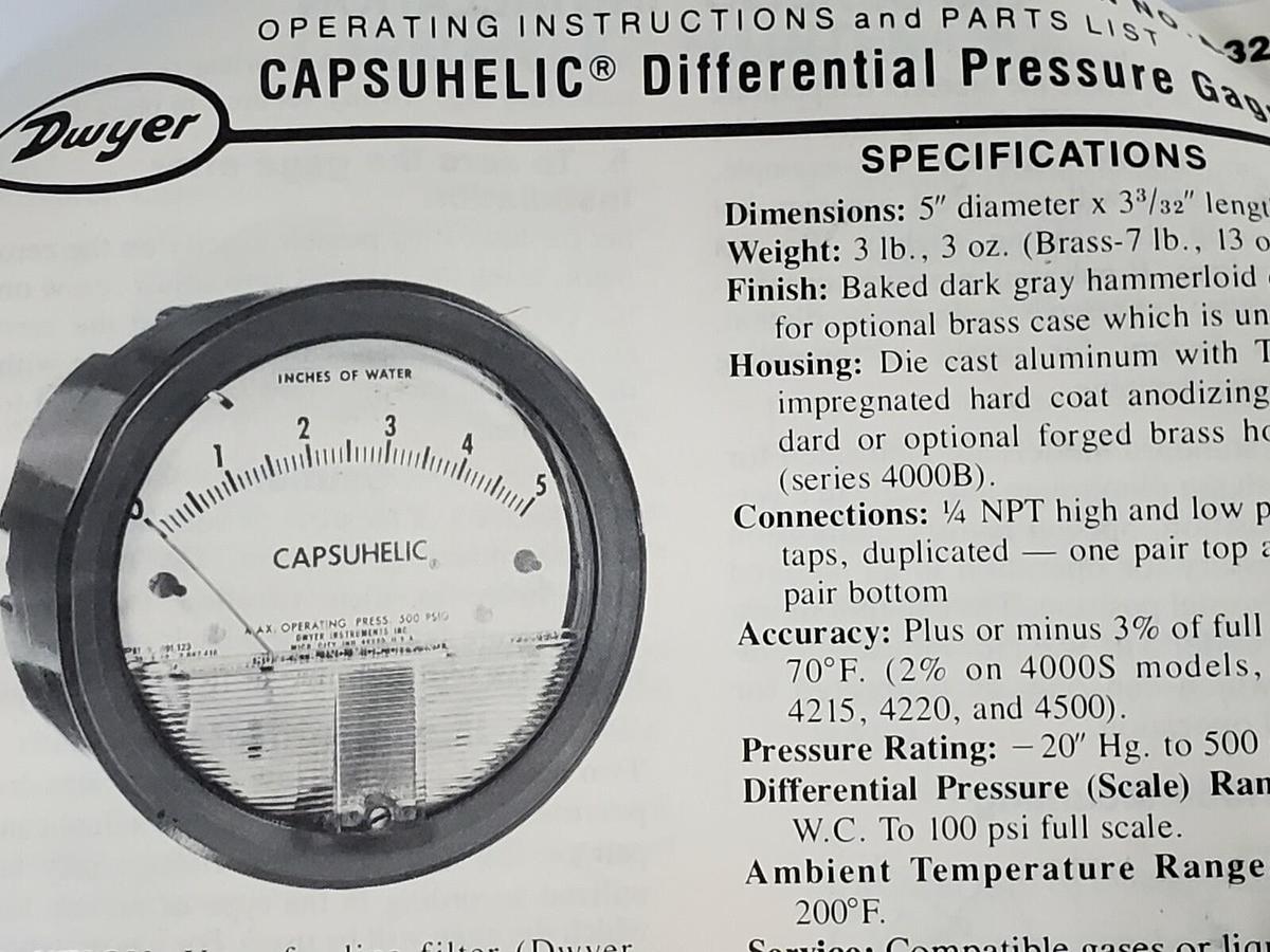 Used NIB DWYER MODEL 4330 CAPSUHELIC PRESSURE GAGE, 15-0-15" INCHES OF WATER, 500PSIG