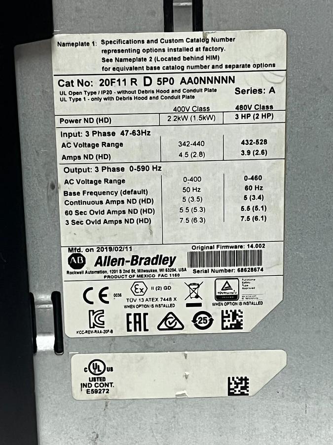 Used Allen-Bradley PowerFlex 753 VFD 20F11RD5P0AA0NNNNN 3HP/2HP Frame 1 , w/ HIM