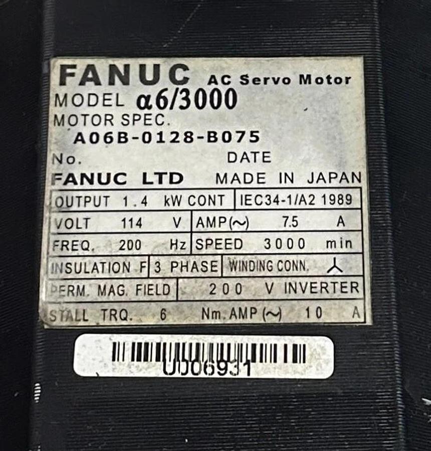 Refurbished FANUC A06B-0128-B075 / A06B0128B075 AC SERVO MOTOR a6/3000 1.4kW 114V REPAIRED