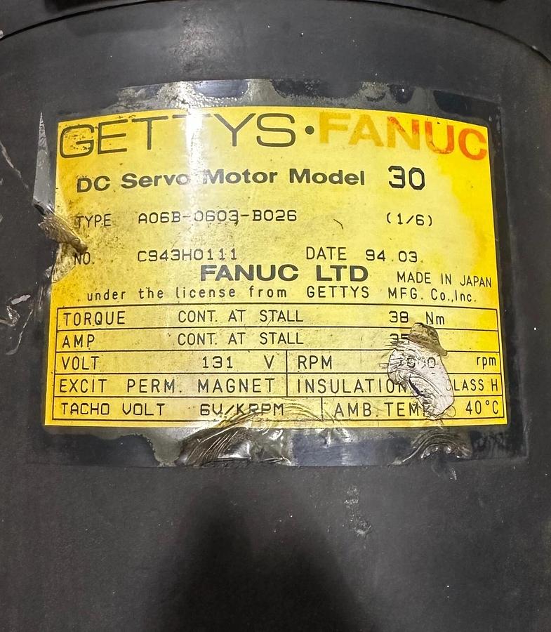 Used FOR PARTS GETTYS FANUC A06B-0603-B026 / A06B0603B026 DC SERVO MOTOR 38Nm 35A