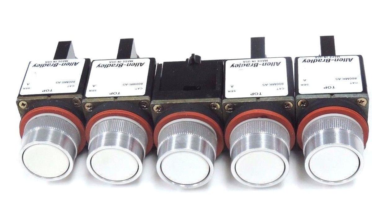 Used LOT OF 5 ALLEN BRADLEY 800MR-A5 OPERATOR PUSHBUTTONS, WHITE, SER. A, 800MRA5