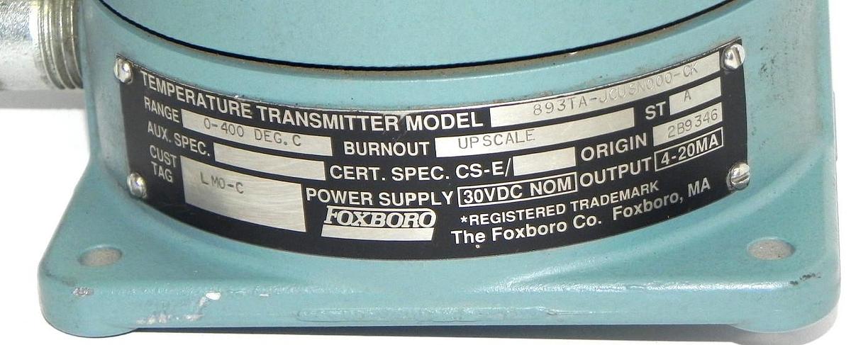 Used FOXBORO 893TA-JCUSN000-CK TEMPERATURE TRANSMITTER RANGE: 0-400 DEG. C