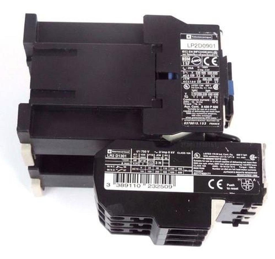 Used TELEMECANIQUE LP2D0901 REVERSING CONTACTOR W/ LR2D1301 OVERLOAD RELAY