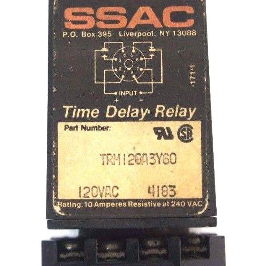Used SSAC TRM120A3Y60 TIME DELAY RELAY 1-60 SEC W/ CUSTOM RB08-PC RELAY BASE