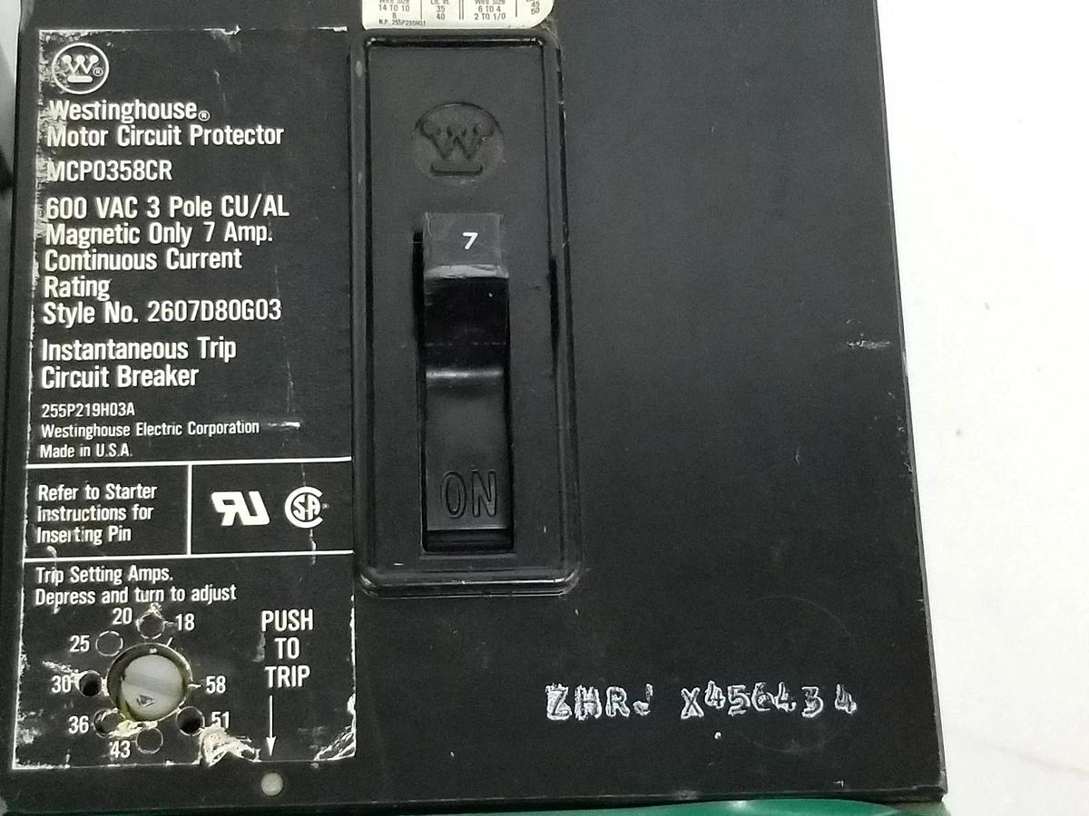 Used WESTINGHOUSE 2607D80G03 CIRCUIT BREAKER MCP0358CR , 7AMP 3POLE 600VAC, EL3007R