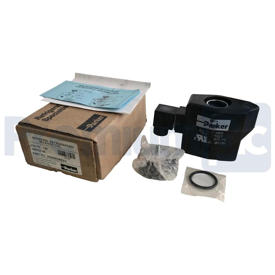 Used Parker 208566 Refrigeration Solenoid Coil 120V 60Hz Green LED DIN Connector NSMP