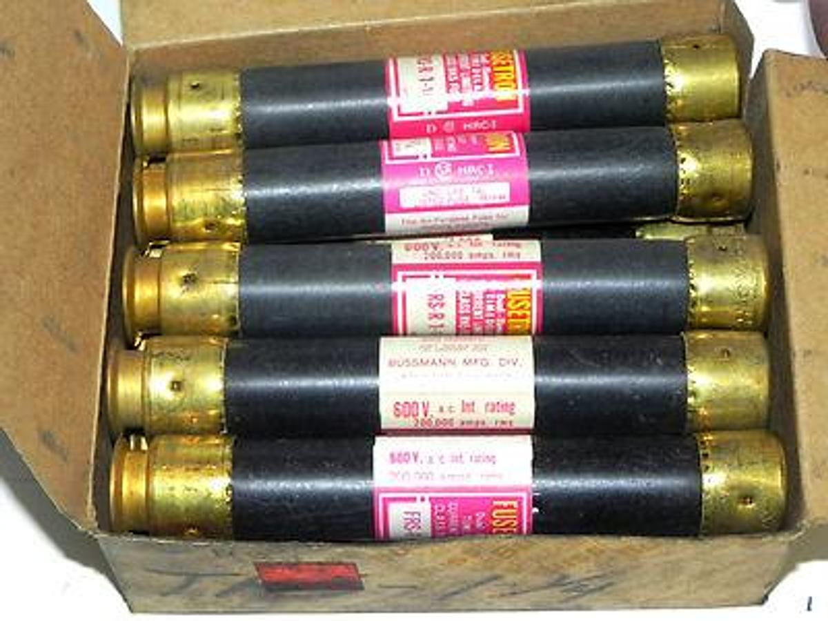 Used BOX OF 10 BUSSMANN FUSETRON FRS-R-1-1/4 FUSES 1.25AMP 600V CLASS RK5 TIME DELAY