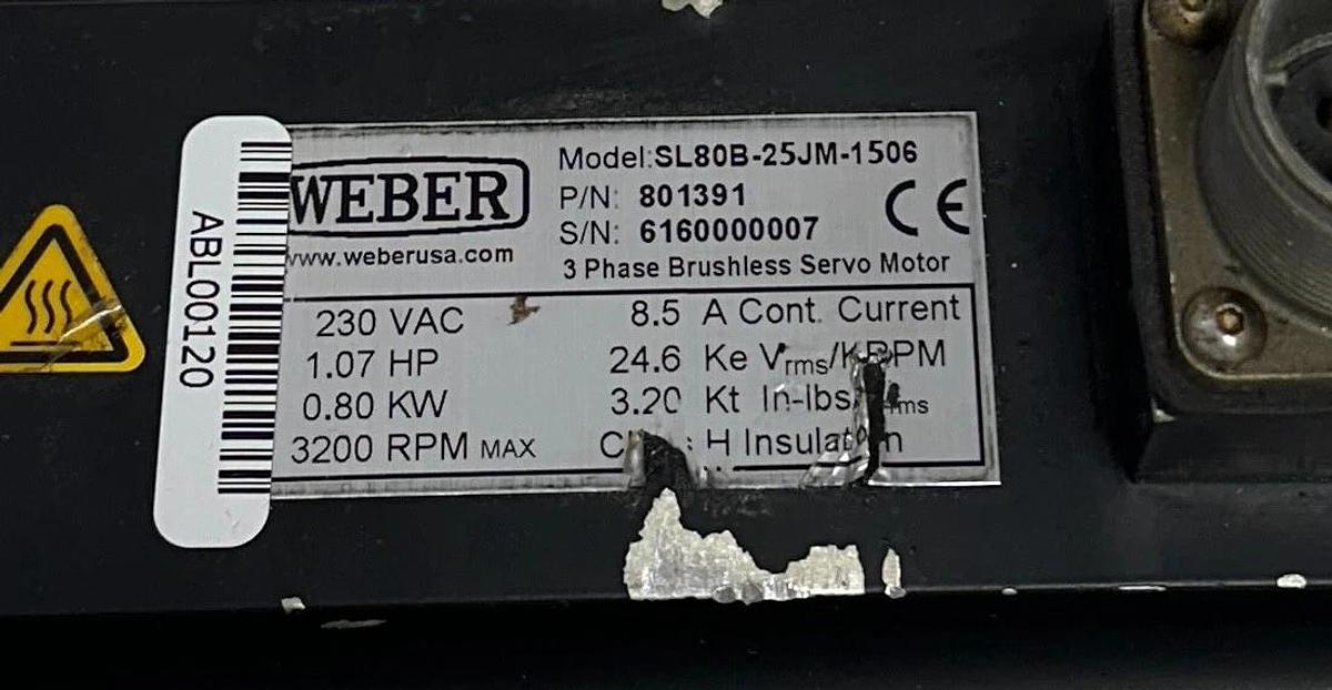 Used WEBER SL80B-25JM-1506 / 801391 BRUSHLESS SERVO MOTOR 3PH .80kW/1.07HP 230V USNP
