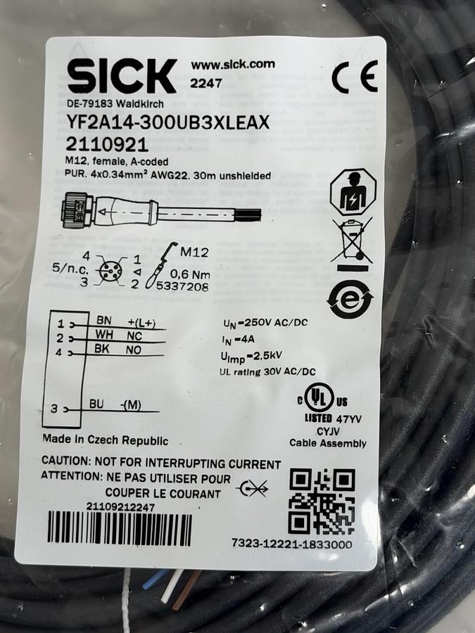 SICK YF2A14-300UB3XLEAX M12 4-Pin Female Cable 30m Sensor Cordset 2110921 NSFS