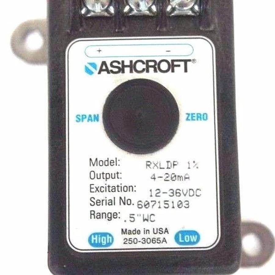 Used ASHCROFT RXLDP PRESSURE TRANSMITTER 4-20 mA, 12-36 VDC, 0.5" WC RANGE