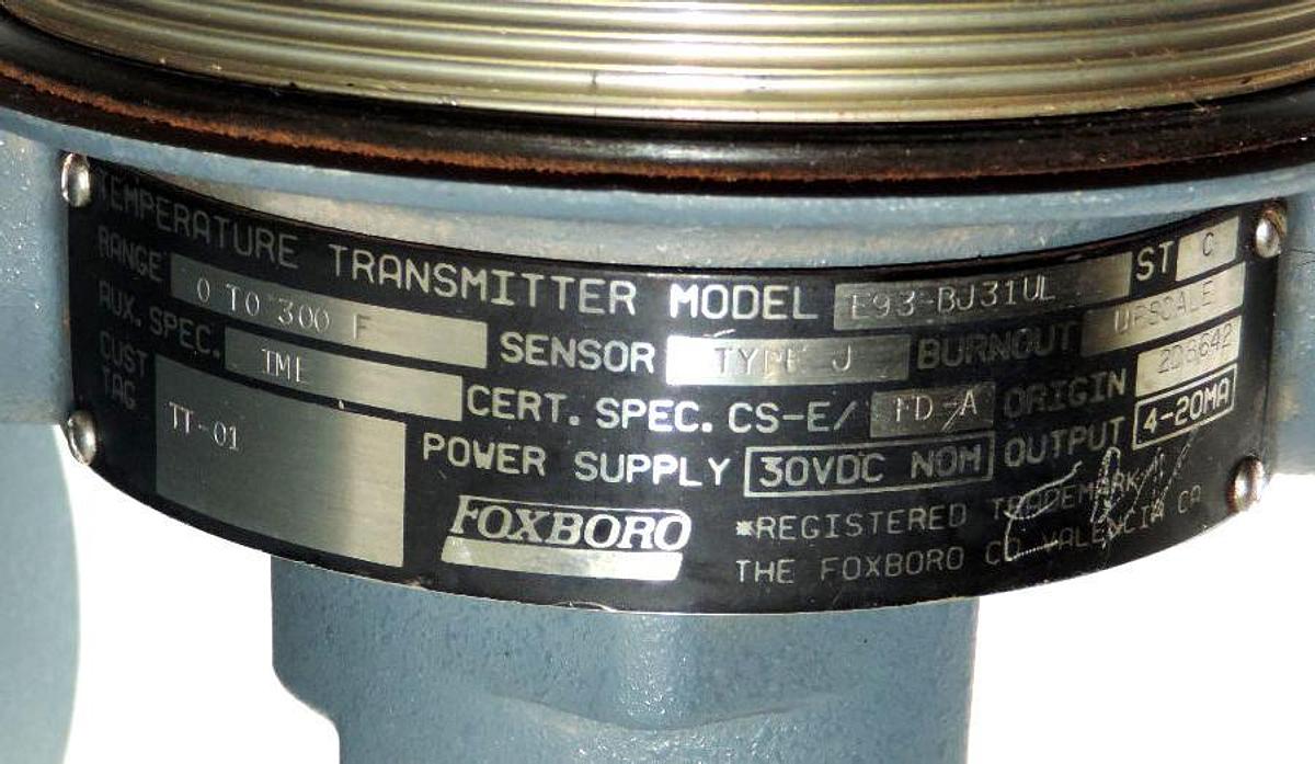 Used FOXBORO E93-BJ31UL ST. C TEMPERATURE TRANSMITTER 0-300, TYPE J SENSOR, E93BJ31UL
