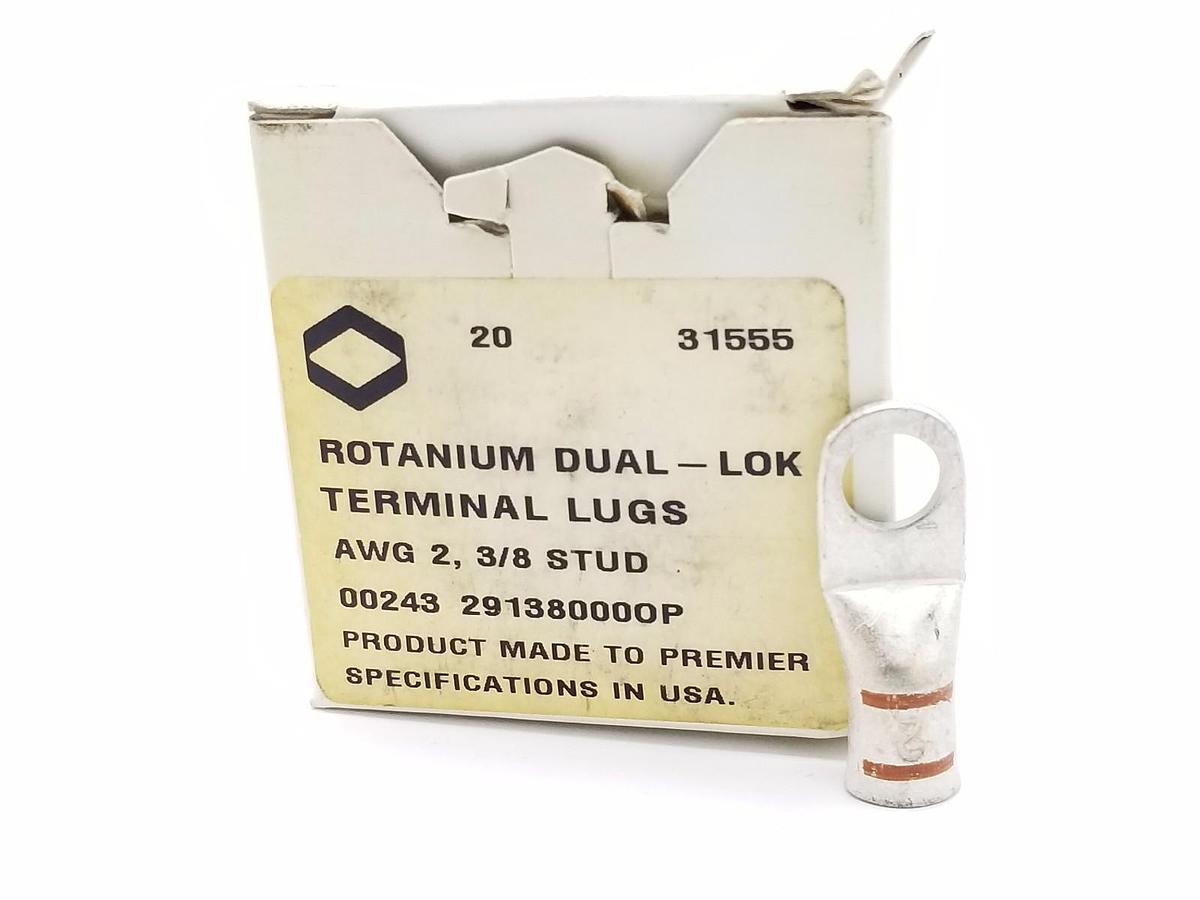 Used NEW BOX OF 20 ROTANIUM DUAL-LOK AWG 2, 3/8 STUDS TERMINAL LUGS 31555