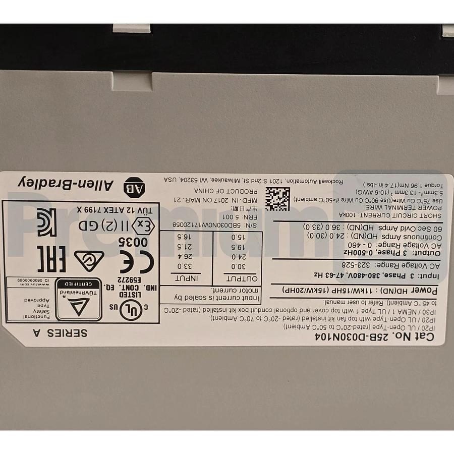 Surplus Allen Bradley 25B-D030N104 /A PowerFlex 525 AC Drive 3Ph 480V 20HP