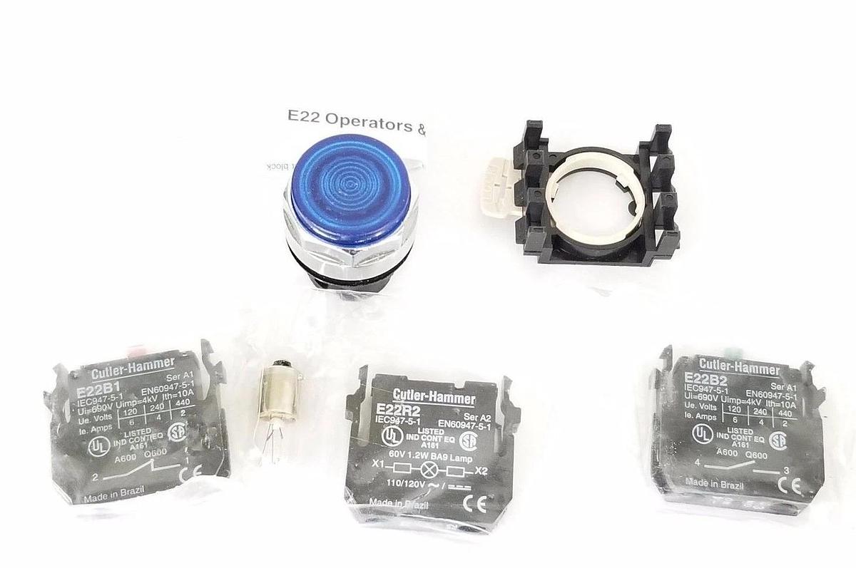 Used NIB EATON CUTLER-HAMMER E22T6X10C EXT. PUSHBUTTON, 25MM BLUE ILLUMINATED LIGHT