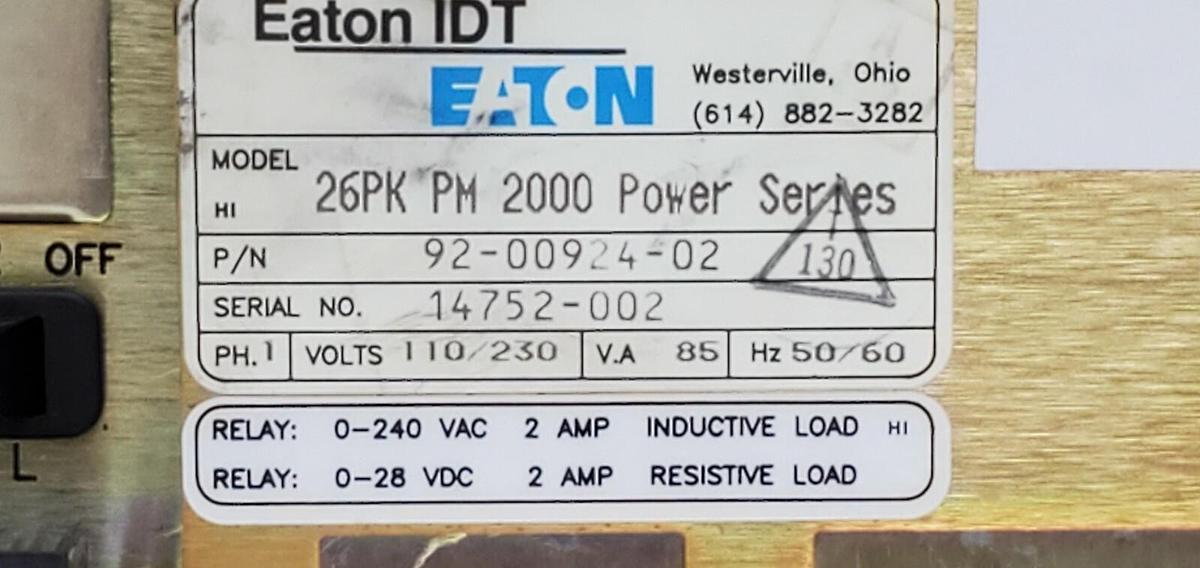Used EATON IDT 26PK PM 2000 POWER SERIES CONTROL MODULE 92-00924-02 110/230V 85VA 1PH