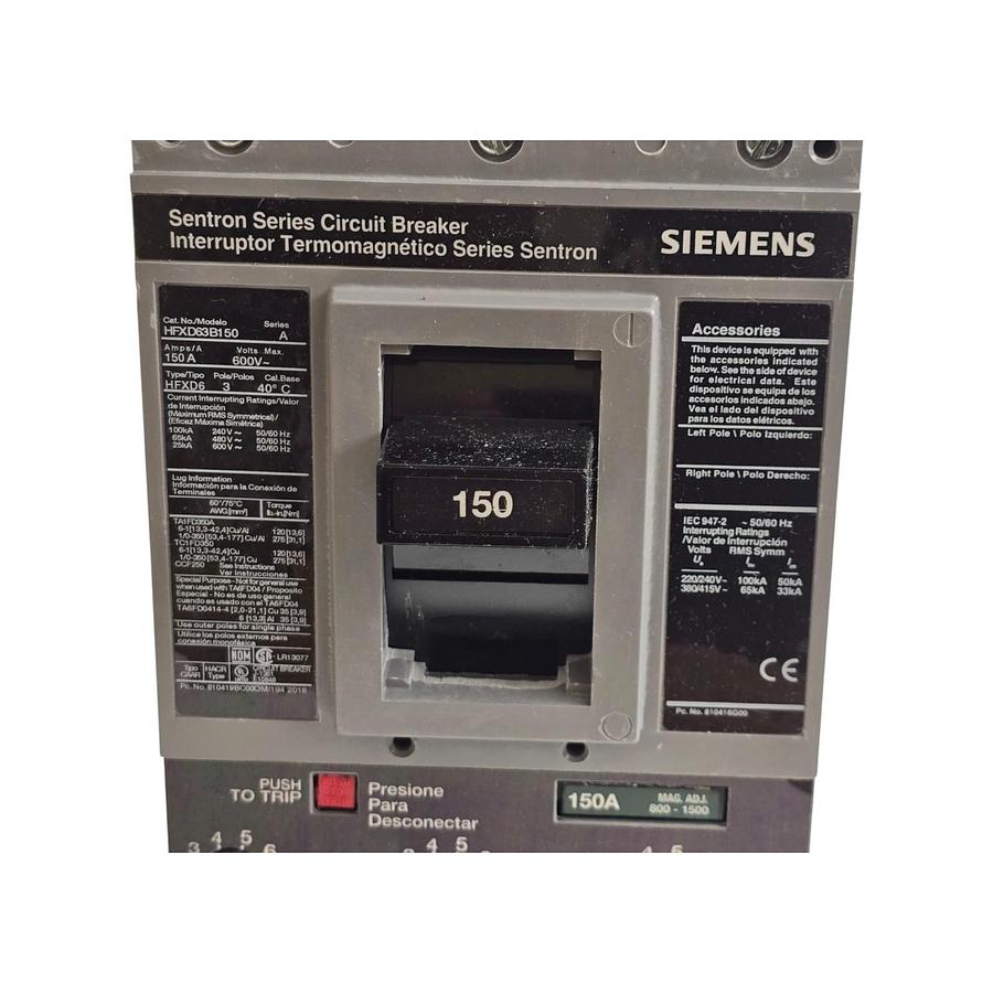 Used SIEMENS HFXD63B150 SENTRON CIRCUIT BREAKER 3P/150A/600V~/65kA@480V~ w/TRIP NSMP