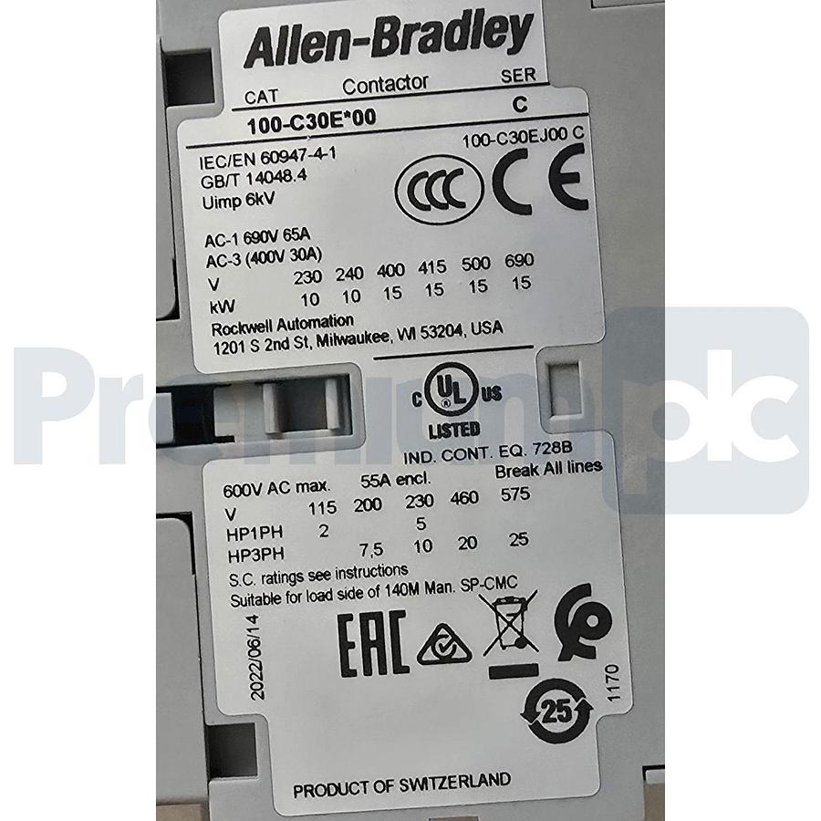 Allen Bradley 100-C30EJ10 /C 100-C IEC Contactor 30A 3P 24V DC Coil 1 N.O. NSMP