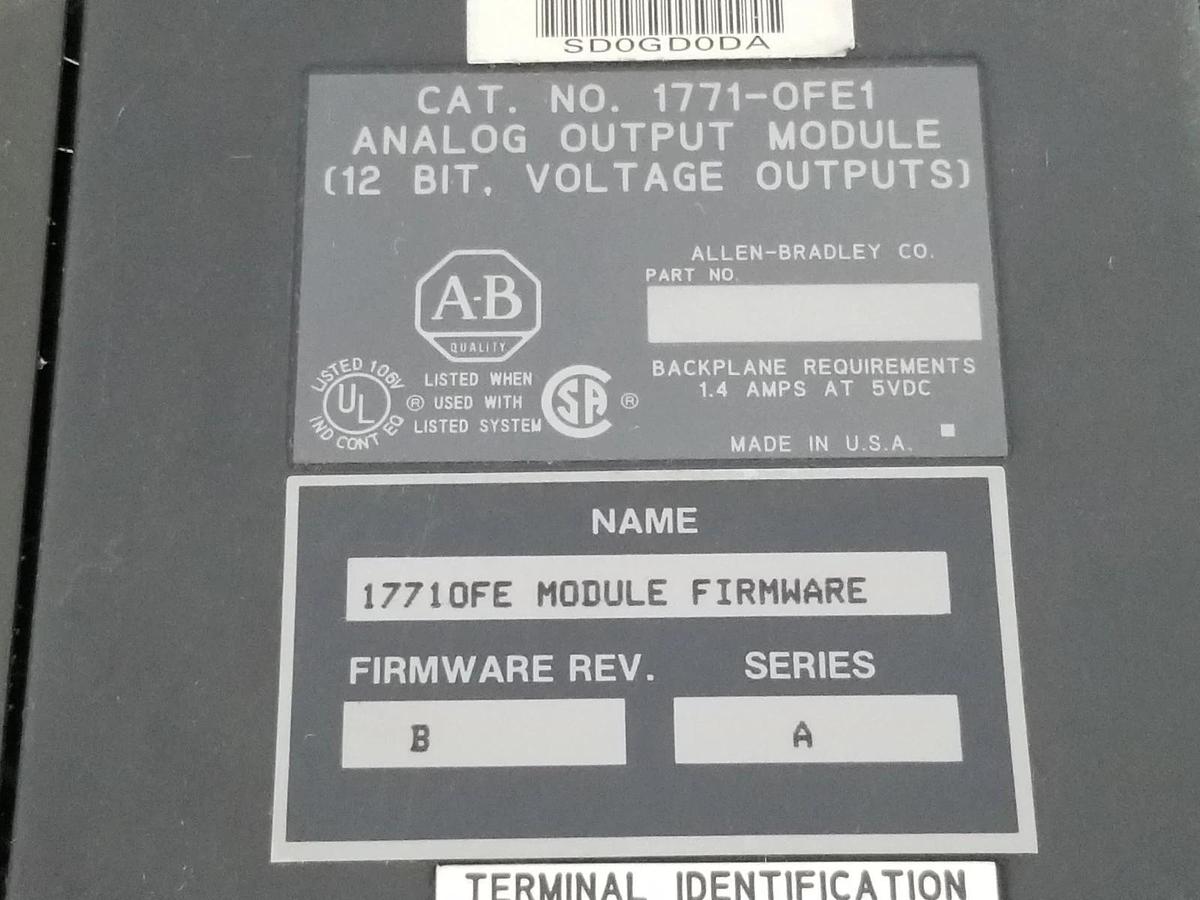Used ALLEN BRADLEY 1771-OFE1 ANALOG OUTPUT MODULE SER. A F/W REV. B W/ 1771-WA SER. B