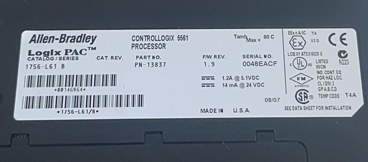 Used ALLEN BRADLEY 1756-L61 /B ControlLogix 5561 PROCESSOR LogixPAC PN-13837 USNP