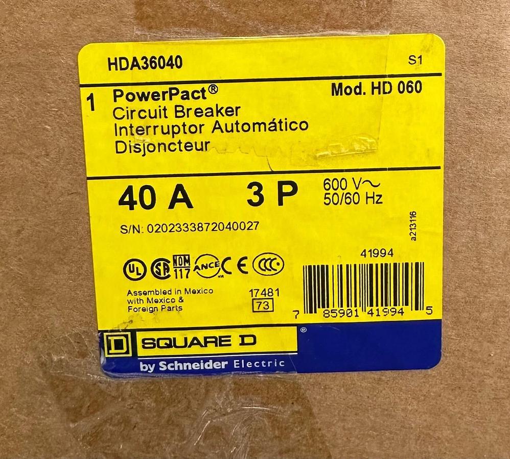 Used NEW SEALED SQUARE D HDA36040 PowerPact CIRCUIT BREAKER 40A 3P 600V 50/60Hz