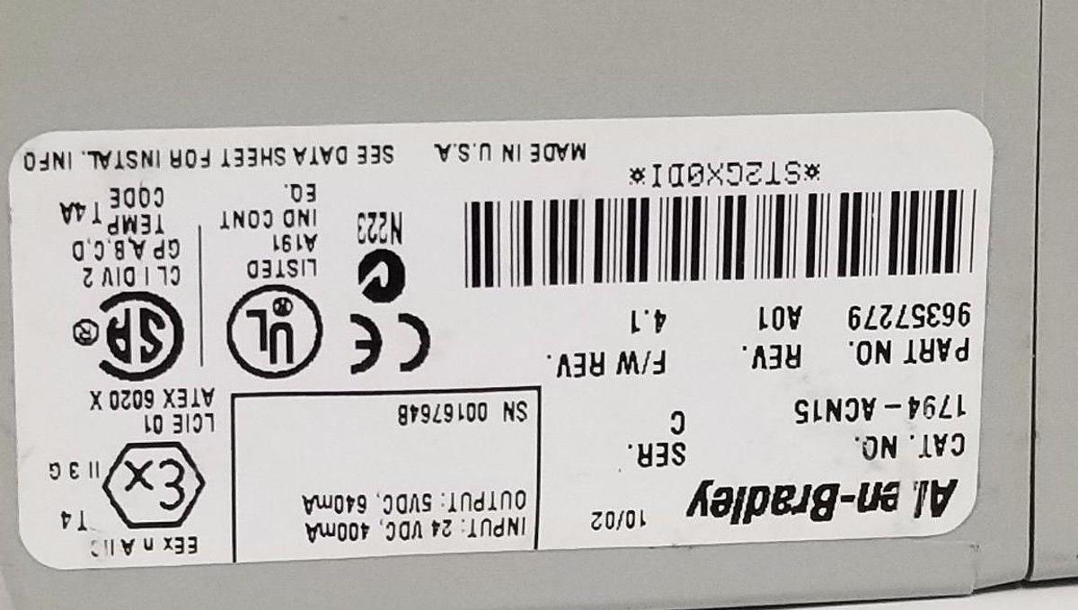 Used ALLEN BRADLEY 1794-ACN15 FLEX I/O CONTROLNET ADAPTER SER. C, F/W: 4.1