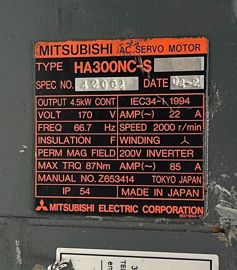 Used MITSUBISHI HA300NC-S / HA300NCS AC SERVO MOTOR SPEC 42001 4.5kW OSA104 REPAIRED