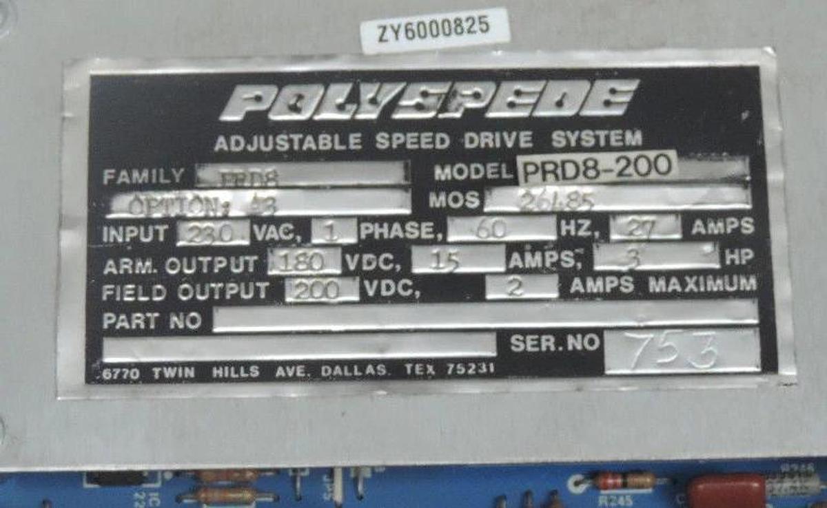 Used POLYSPEDE MODEL PRD8-200 ADJUSTABLE SPEED DRIVE E1511E-02 , E1512B-2 , E1522B-02