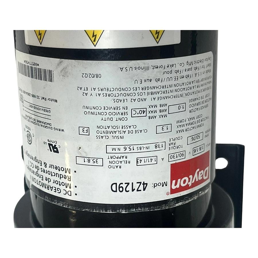 Used Dayton 4Z129D Parallel Shaft Permanent Magnet DC Gearmotor 1/8 HP 90V 50 RPM