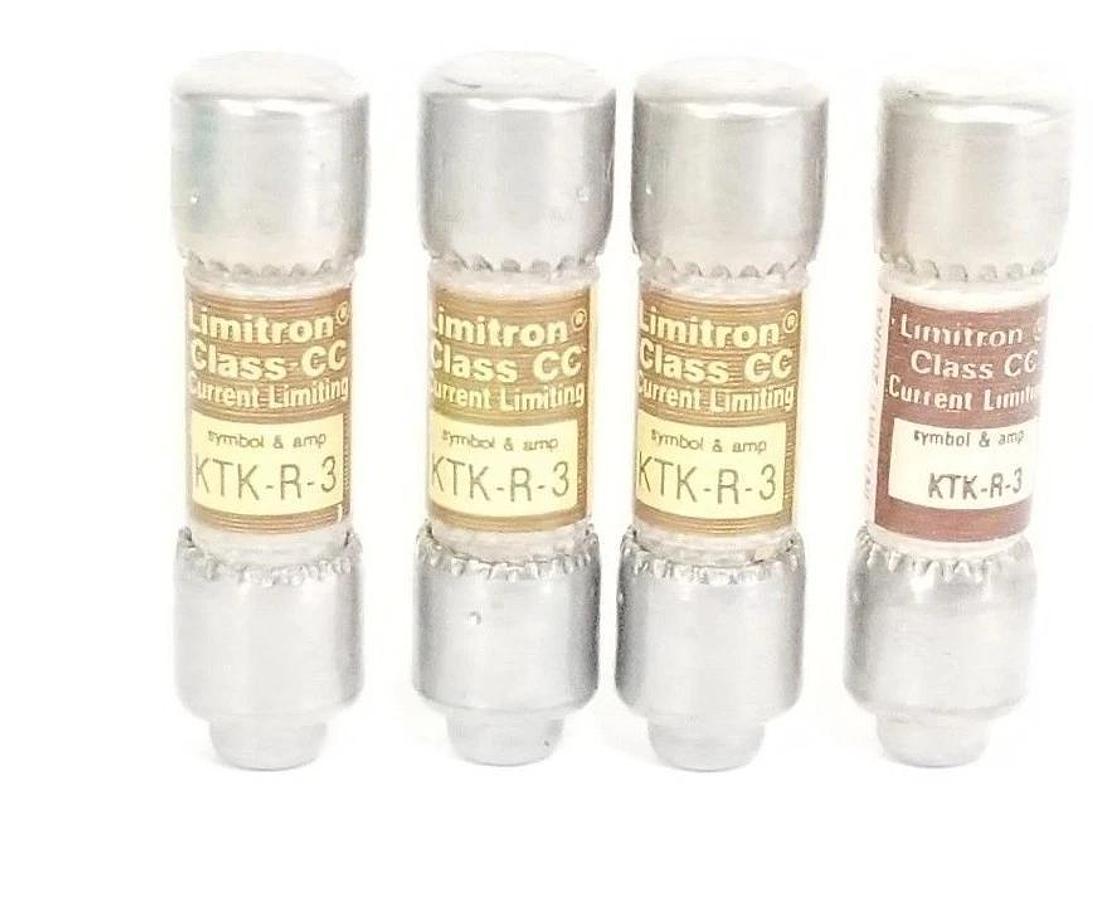 LOT OF 4 NEW LIMITRON KTK-R-3 CURRENT LIMITING FUSES CLASS CC, 3 AMP, KTKR3