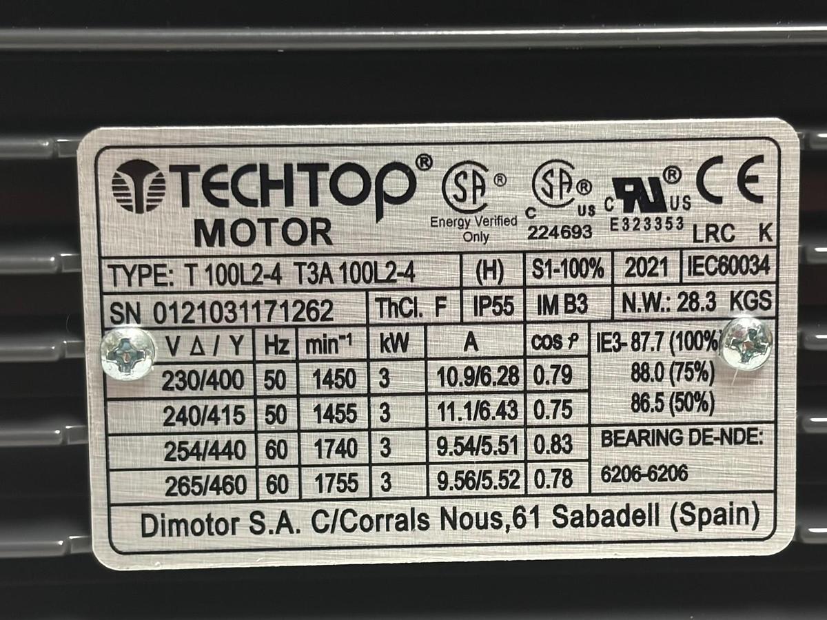 Used Techtop T100L2-4 3-Phase Electric Motor 3kW 4HP IE3 B3 Foot Mount New Surplus