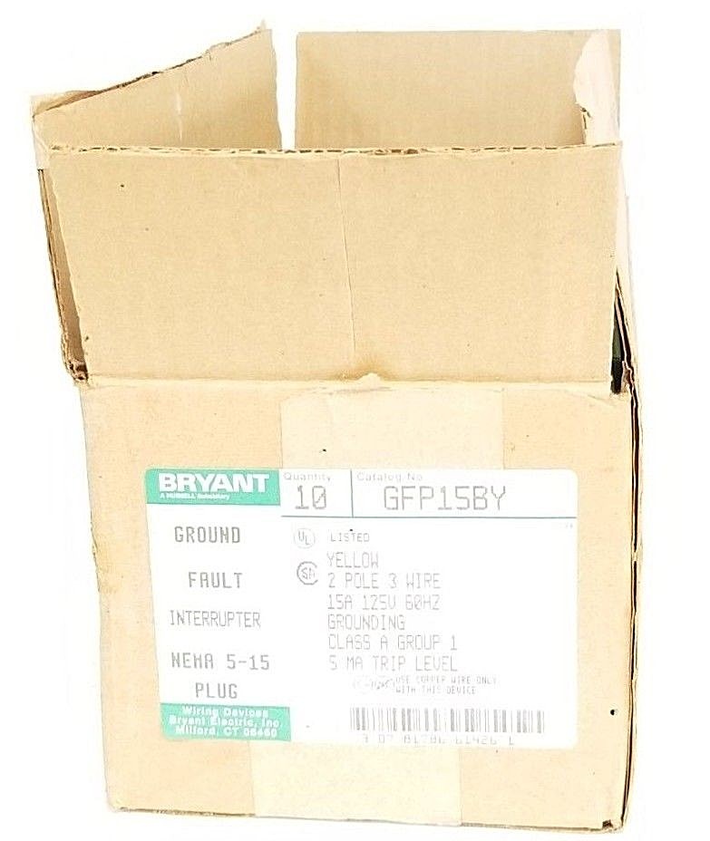 BOX OF 10 NEW BRYANT GFP15BY GROUND FAULT INTERRUPTER YELLOW 2P, 15A, 125V PLUGS