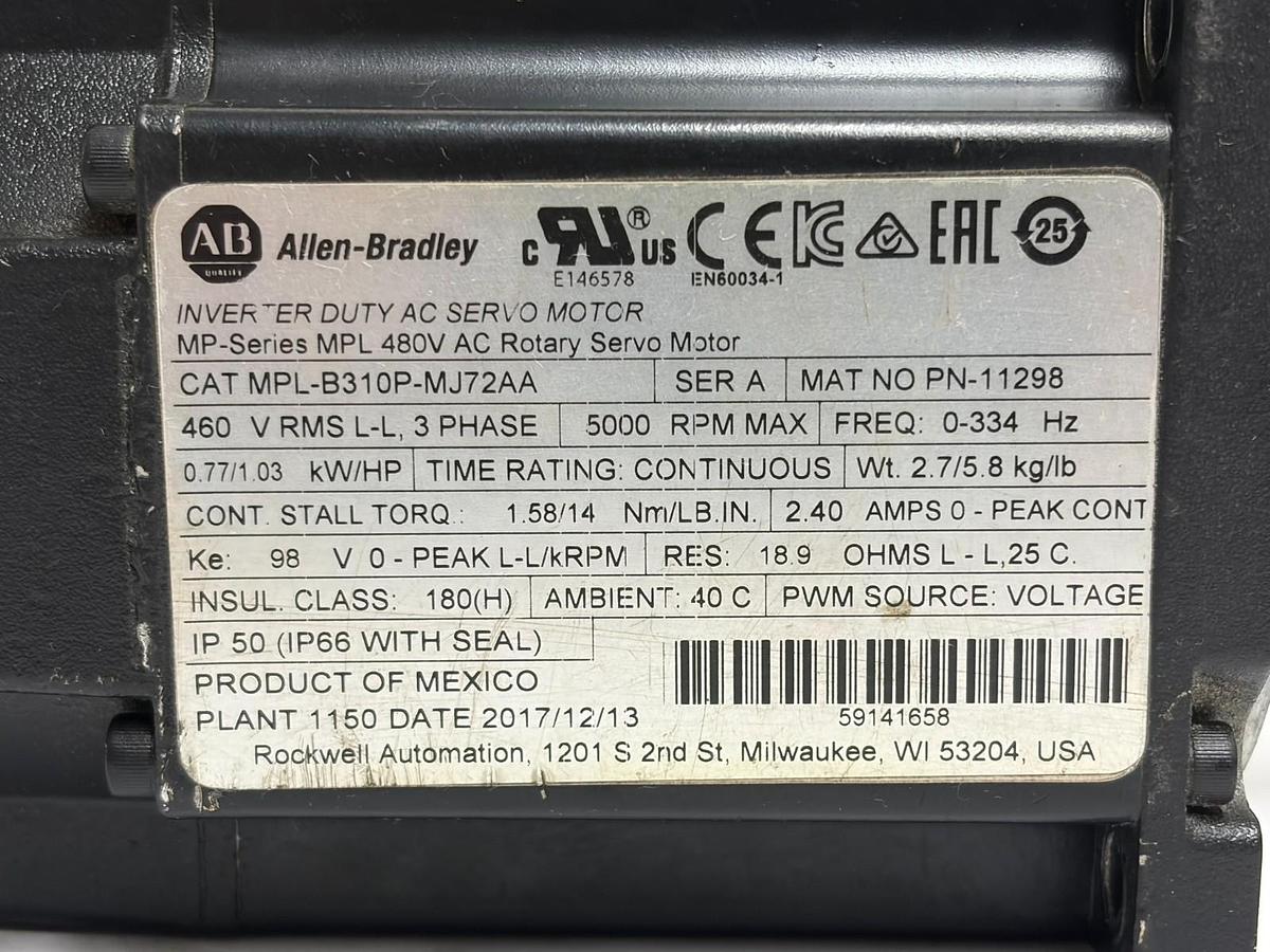 Used Allen-Bradley MPL-B310P-MJ72AA Rotary Servo Motor 460V 5000 RPM