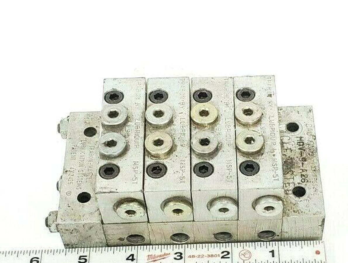 Used LUBRIQUIP HDV-9-A26 MANIFOLD BLOCK VALVE ASSEMBLY MSP-5T MSP5T HDV9A26