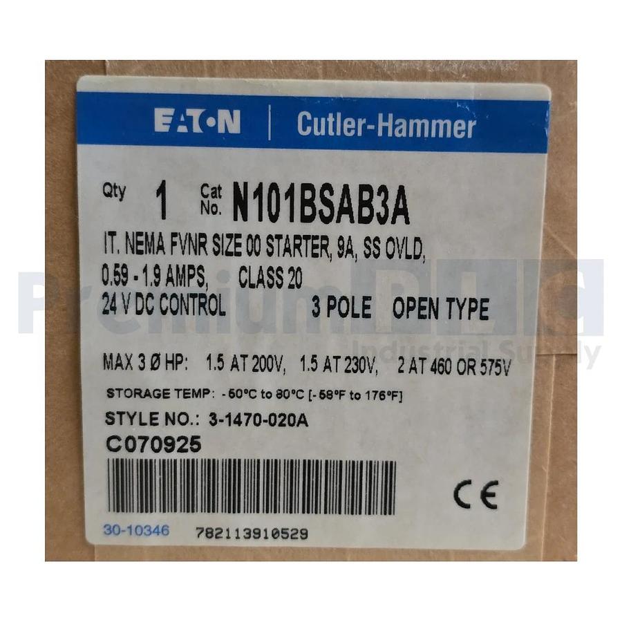Used EATON CUTLER-HAMMER N101BSAB3A IT. NEMA FVNR SIZE 00 STARTER, 9A, SS OVLD. NSFS