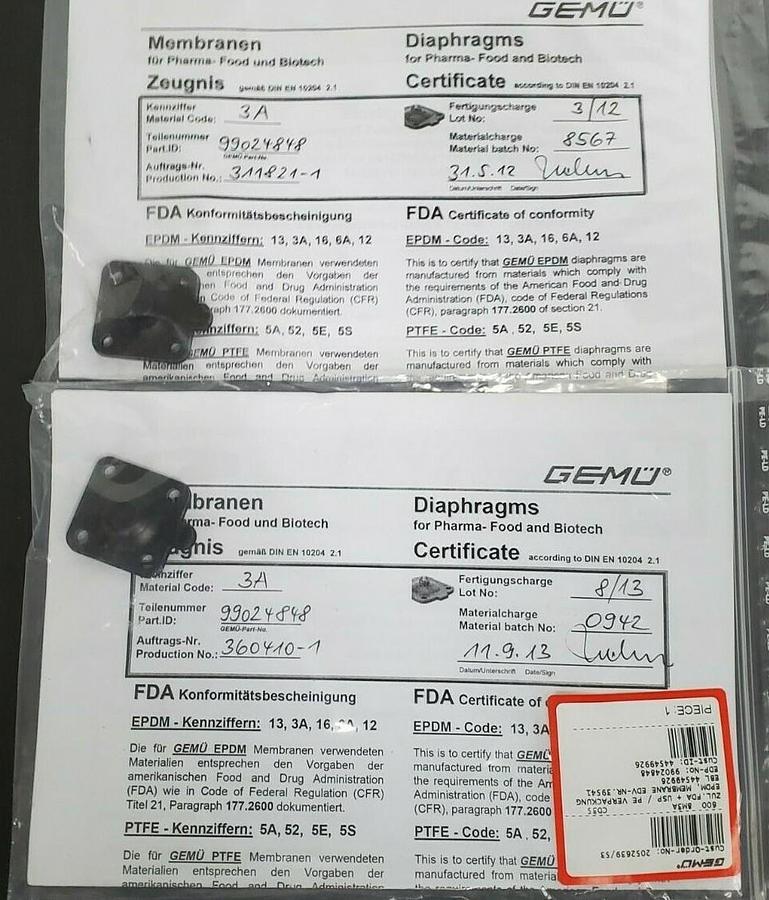 Used LOT OF 2 NEW GEMU EDV-NR. 39541 600-8M3A DIAPHRAGMS EBL 44549926 CD35 99024848