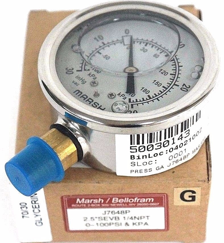 NIB MARSH J7648P GAUGE 2.5'' SEVB 1/4NPT, 0-100PSI & KPA