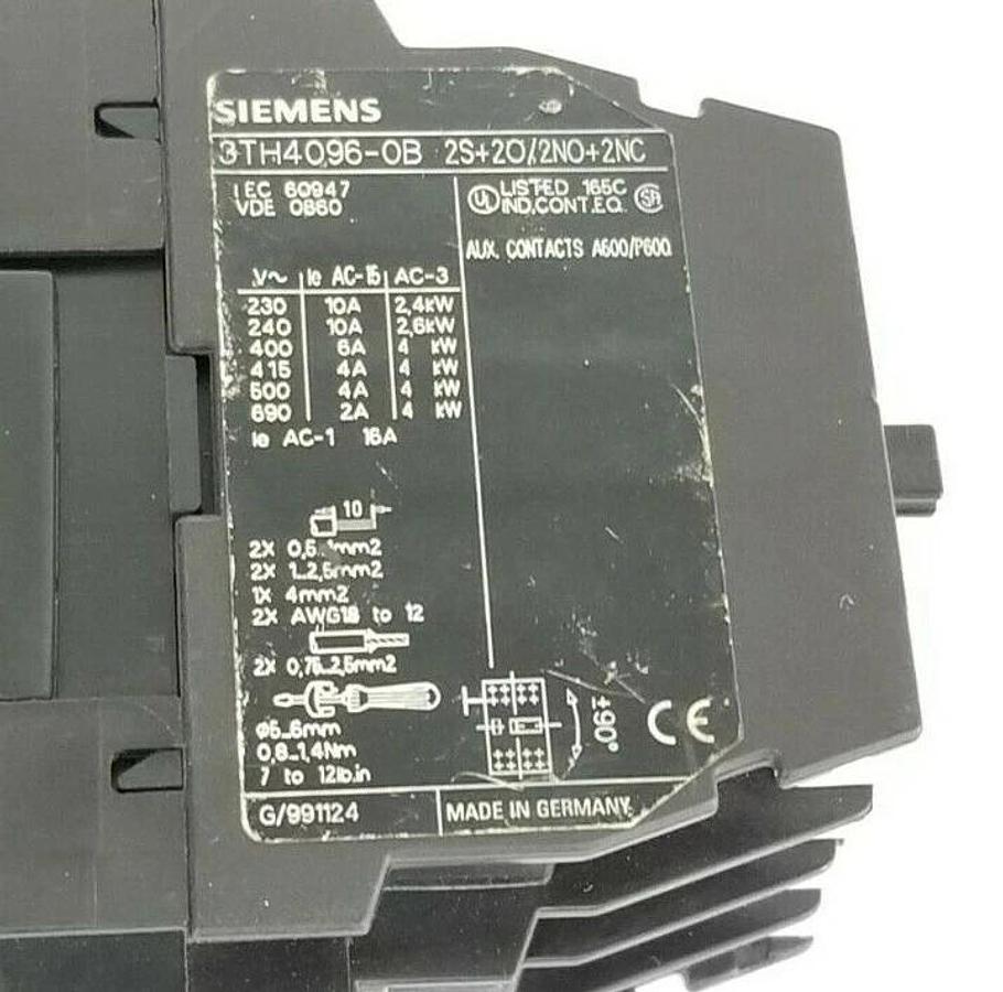 Used SIEMENS 3TH4096-0B 2S+2O/2NO+2NC, 3TH40, 24V, 0.8-1.2 DC, 3TX7402-3G
