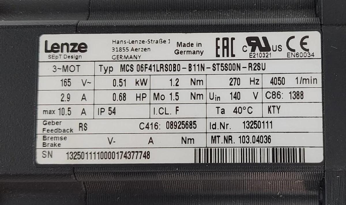 Used LENZE MCS 06F41LRS0B0-B11N-ST5S00N-R2SU SERVO MOTOR ID. NR. 13250111