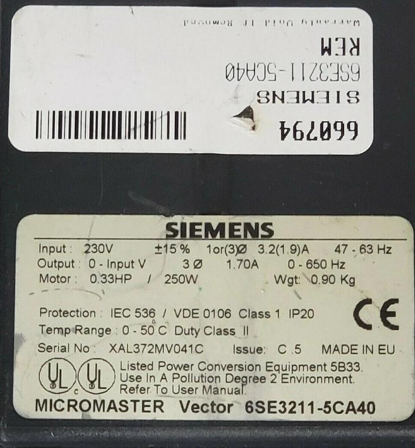 Used SIEMENS 6SE3211-5CA40 AC DRIVE MICROMASTRER 0.33 HP 230 VAC