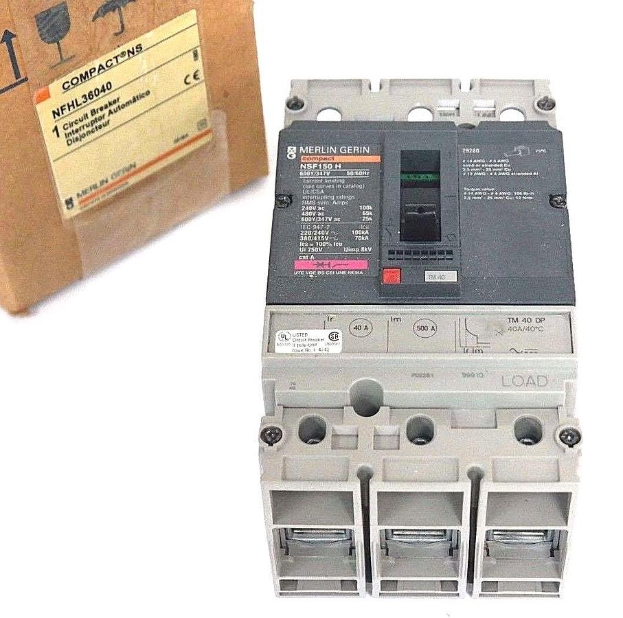 Used NIB MERLIN GERIN NFHL36040 MOLDED CASE CIRCUIT BREAKER 40A, 3P, 240/480V
