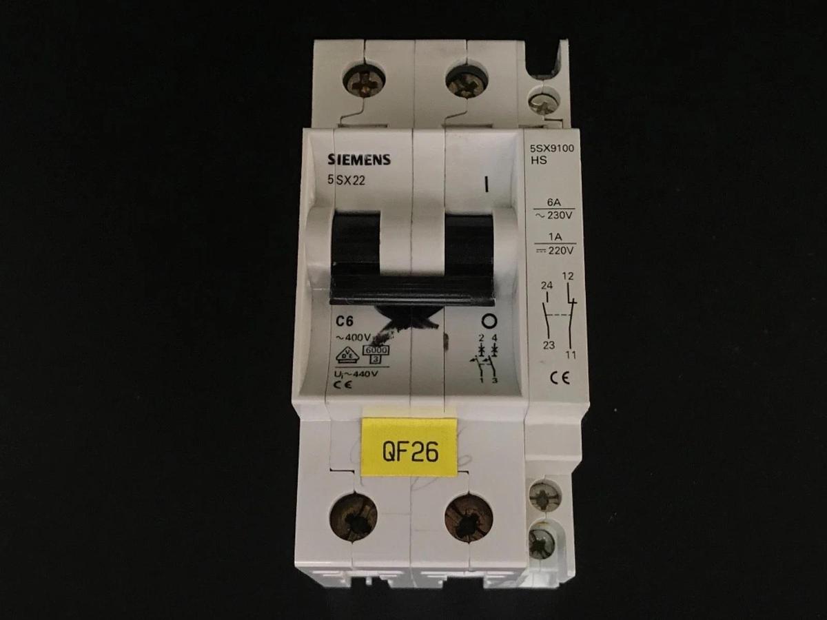 Used SIEMENS 5SX22 CIRCUIT BREAKER 5SX22C6, 400V, 2P, 6A, W/ 5SX9100-HS CONTACT BLOCK