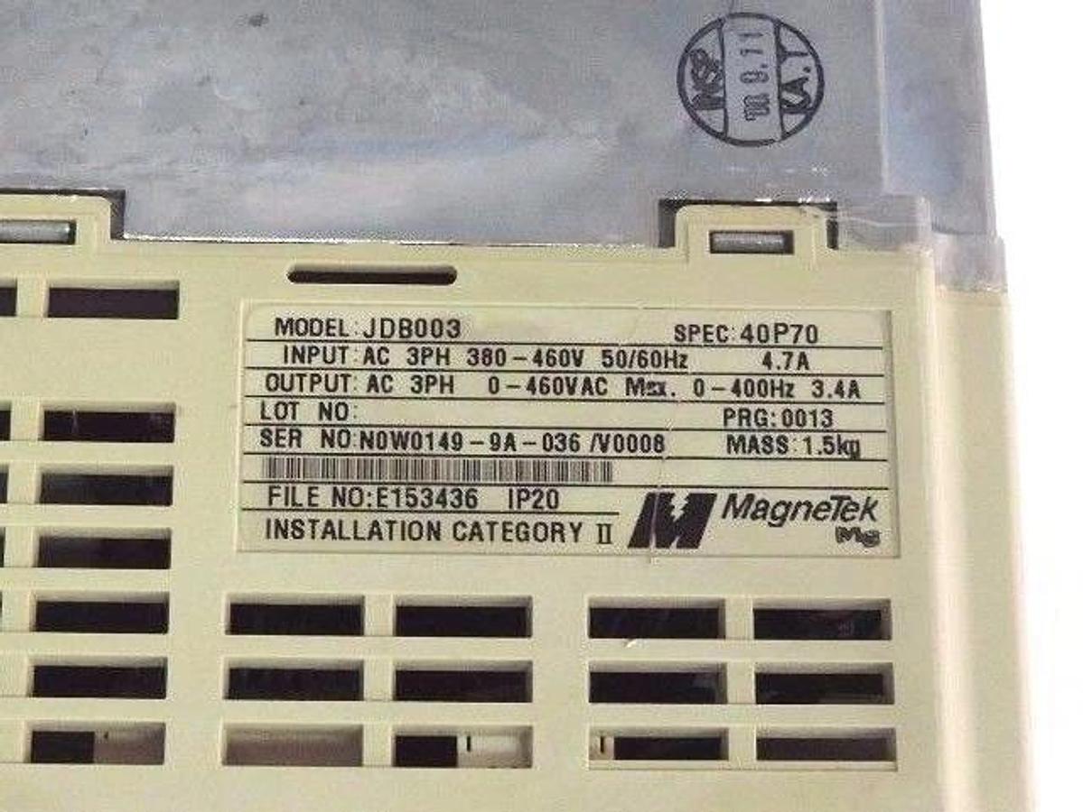Used MAGNETEK JDB003 2HP DRIVE 3.4AMP, 460VAC, 3PHASE, 50/60HZ, 380-460V, 4.7A, 40P70
