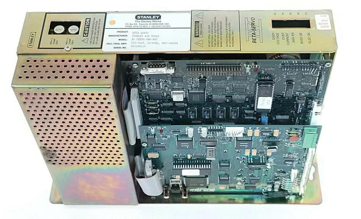 Used STANLEY AF-SERVO-040-001 SERVO DRIVE S/N: 053100119, 105/243V, 50/60Hz