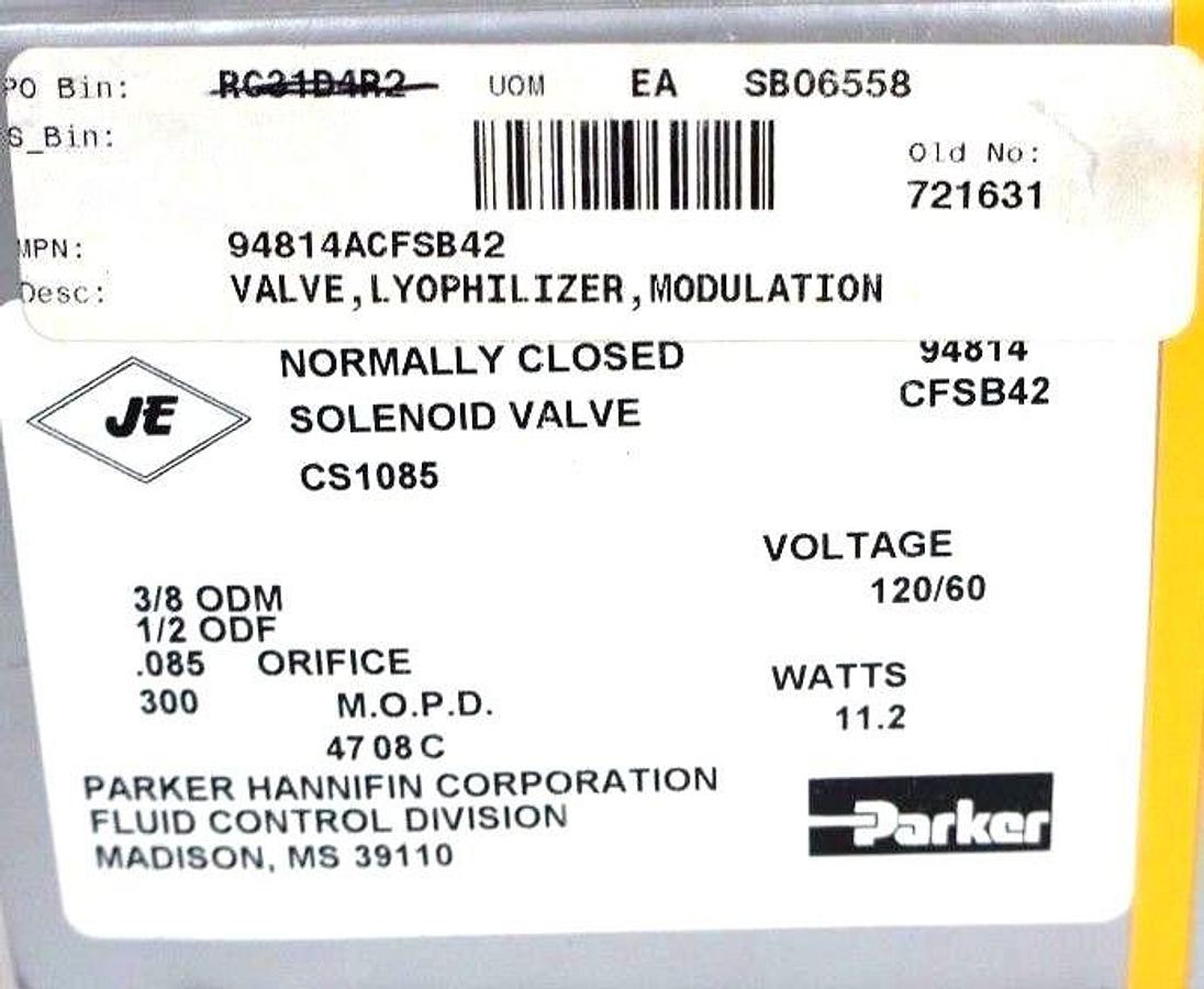 Used NIB PARKER 94814ACFSB42 NORMALLY CLOSED SOLENOID VALVE 11.2 WATTS, 0.085 ORIFICE