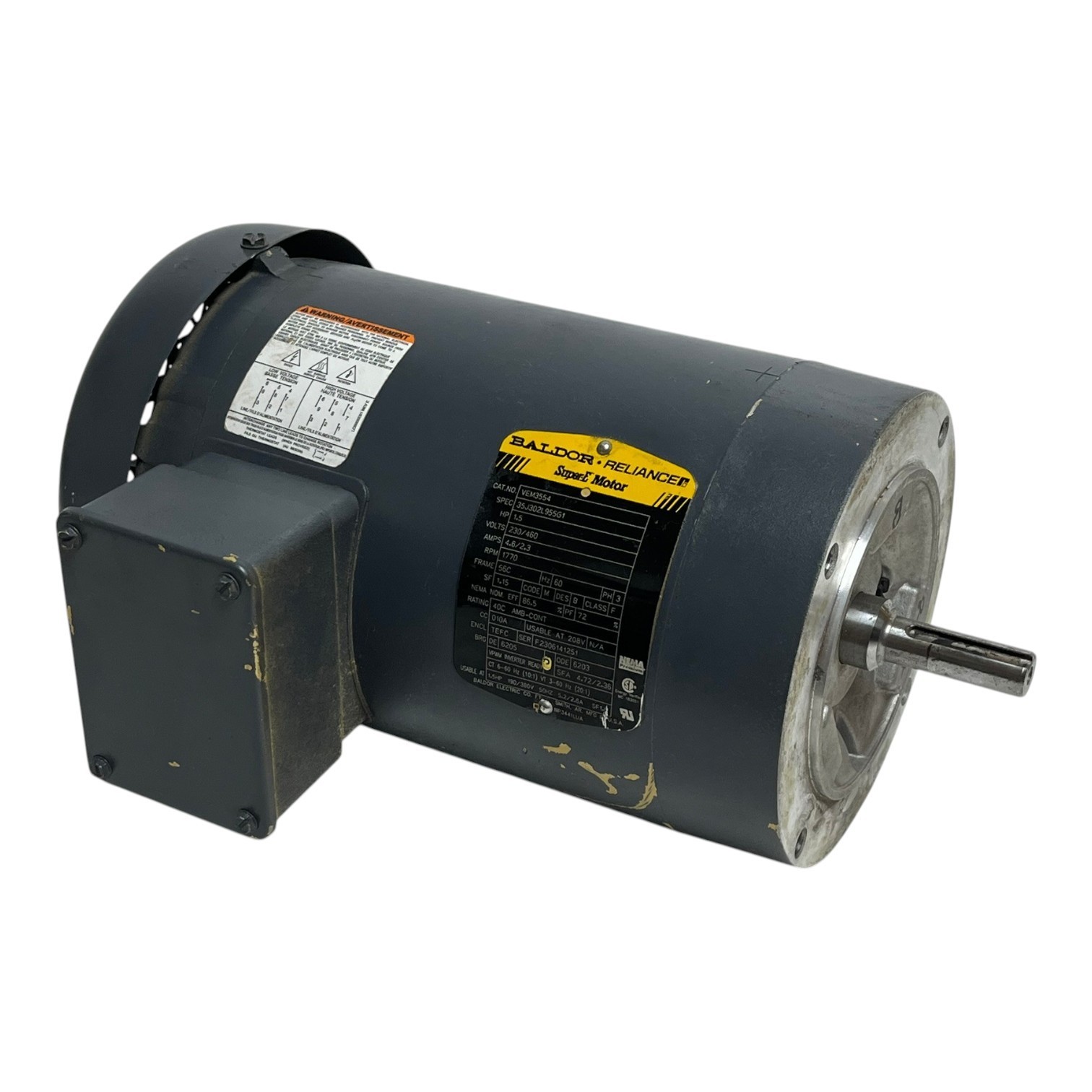 Used Baldor Reliance VEM3554 Super-E Motor 1.5HP 1770RPM 56C TEFC 3-Phase AC C-Face
