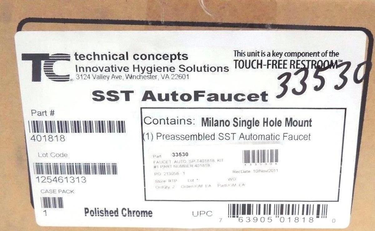Used NIB TECHNICAL CONCEPTS 401818 POLISHED CHROME SST AUTOFAUCET MILANO SINGLE HOLE
