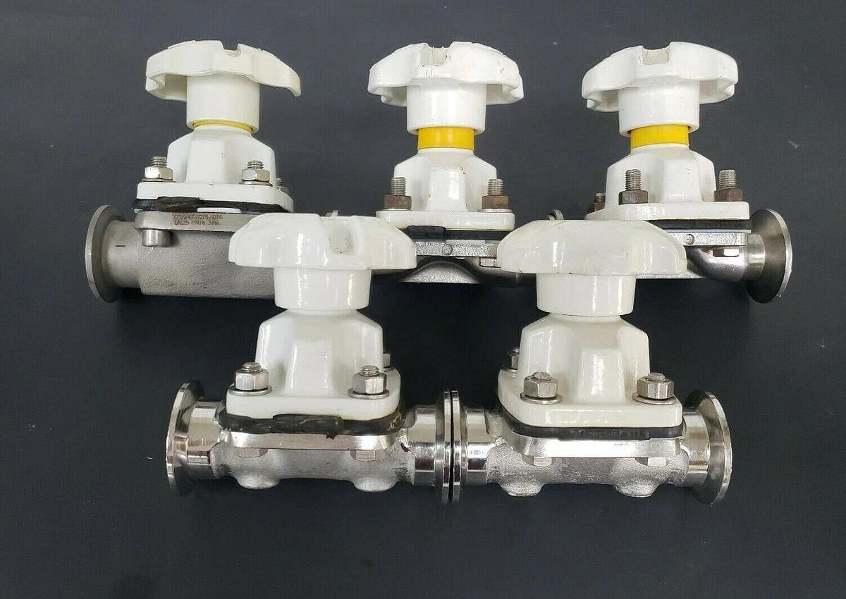 Used LOT OF 5 SAUNDERS DIAPHRAGM VALVES WITH 7/8" ID X 2" OD VALVE BODIES