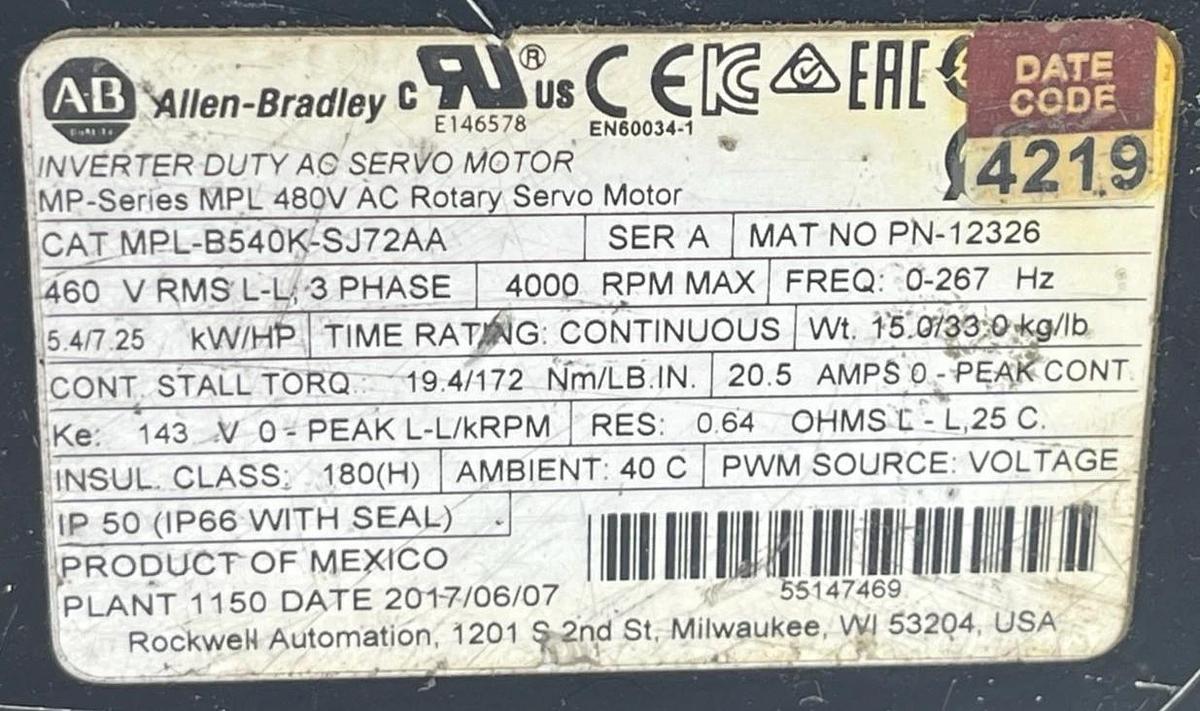 Used Allen Bradley MPL-B540K-SJ72AA Servo Motor 5.4kW 4000 RPM 165mm W/ DRAIN PLUG