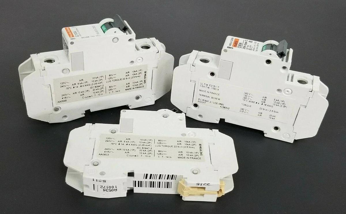 Used LOT OF 3 MERLIN GERIN CIRCUIT BREAKERS 60114 , 60110 , 60111 C60N C10A C13A